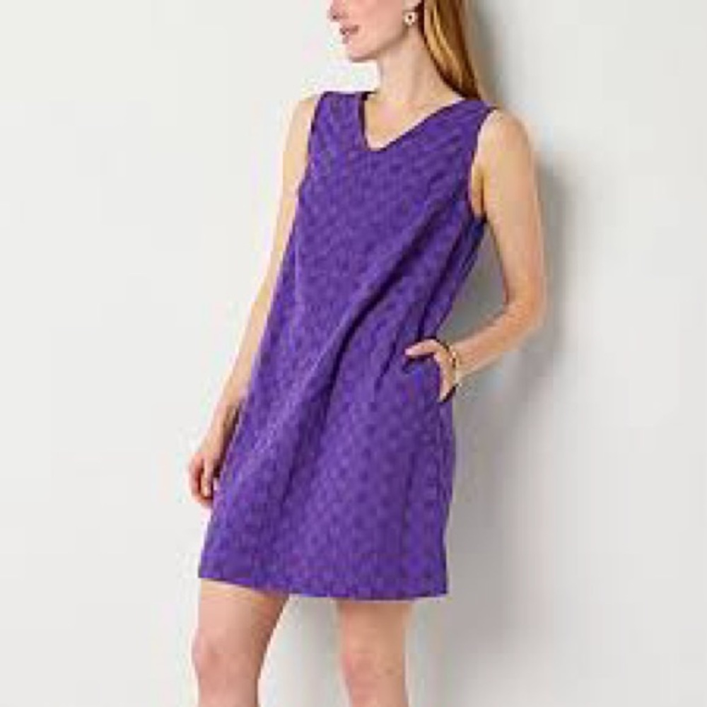 Liz Claiborne Vortex Violet Sleeveless Cotton Dress Pockets Preppy Whimsical